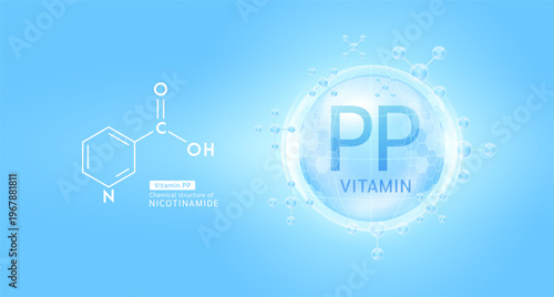 Blue vitamin PP complex solution in hexagonal dome with molecules. Chemical structure of Nicotinamide. For cosmetic products ads or supplement. Medical health care skin protection. Vector EPS10.
