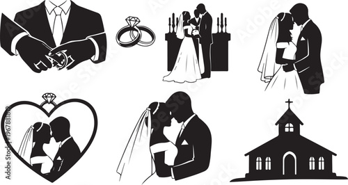 Wedding icons and silhouettes for love and marriage designs
