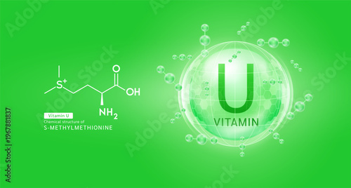 Green vitamin U complex solution in hexagonal dome with molecules chemical structure. For cosmetic products ads or supplement. Medical health care skin protection. Vector EPS10.