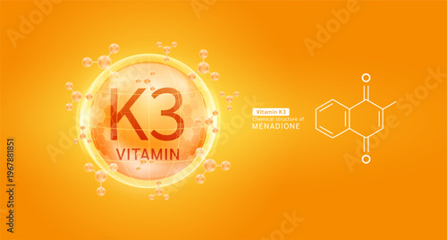Orange vitamin K3 complex solution in hexagonal dome with molecules. Chemical structure of Menadione. For cosmetic products ads or supplement. Medical health care skin protection. Vector EPS10.