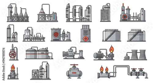 Collection of Industrial Plant and Refinery Pixel Art Icons.