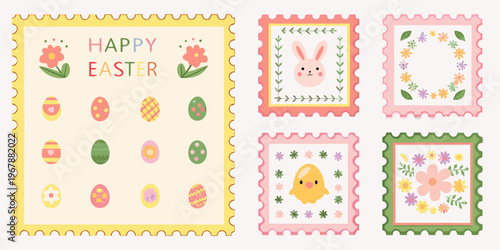 Colorful easter stamps with floral designs bunnies and decorated eggs
