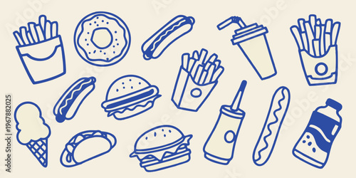 Hand drawn illustration of various fast food items in blue outlines