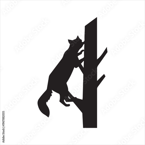 Silhouette of a raccoon climbing a tree trunk with branches