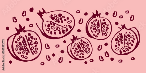 Hand drawn illustration of pomegranates and scattered seeds on a pink background