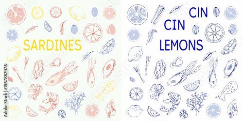 Stylized illustration of sardines lemons and various seafood elements