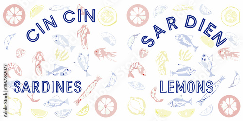 Colorful illustration featuring sardines lemons and various sea creatures