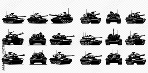 Collection of black and white pixel art tanks, military vehicles in various perspectives, isolated on a transparent background, depicting warfare and combat.