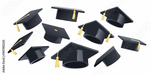Floating graduation caps in a celebratory arrangement against a white background