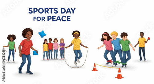 Sports Day for Peace Children's illustration of a multi-ethnic group enjoying a fun field day with diverse games