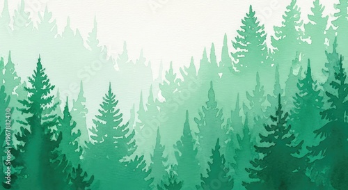 Artistic watercolor forest landscape with misty pine trees and soft green gradients, perfect for elegant backgrounds and creative designs, light, winter, wood