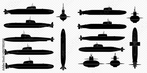 Submarine Silhouettes Set: Detailed Black Vector Icons of Military Submersibles from Various Angles.