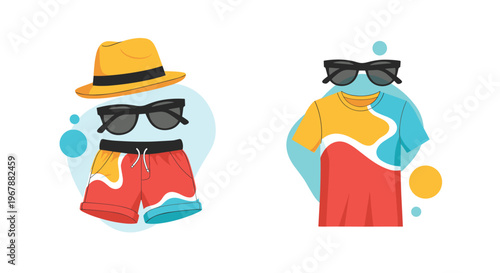 Selection of stylish beach wear including a straw hat sunglasses patterned shorts and a colorful summer t-shirt.