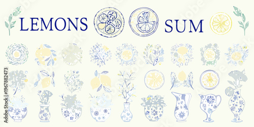 Blue and yellow lemon illustrations with floral arrangements and vintage pottery