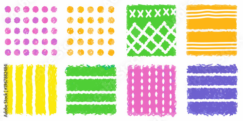 Colorful crayon strokes and patterns arranged in a grid layout
