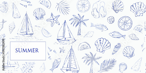 A whimsical summer pattern featuring shells boats and tropical elements