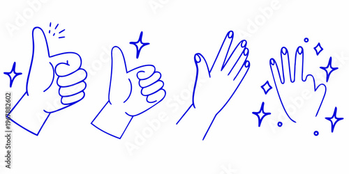 Blue line drawing featuring various hand gestures and sparkling star details