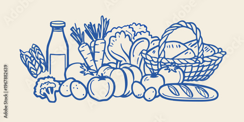 A bountiful sketch of fresh produce in a woven basket