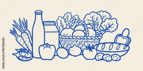 Simple blue line drawing of a variety of fresh produce items