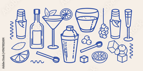 A collection of blue line art depicting various cocktail ingredients