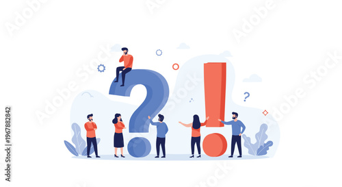 Group of people interacting with large question mark and exclamation mark symbols to represent curiosity and discovery.
