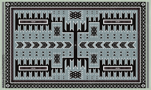 Navajo storm pattern rug style vector.Sacred mountain symbolism with central rectangular motif connecting four corners.Representing weather,lightning.Carpet southwestern tribal geometric illustration.