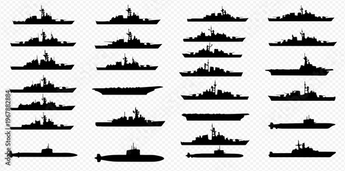 Collection of various warship and submarine silhouettes on a transparent background, depicting naval vessels and military transport.