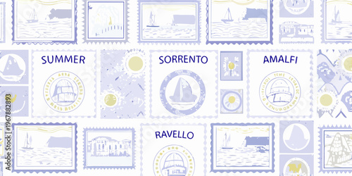 Vintage style postage stamps depicting coastal italian scenes and lettering