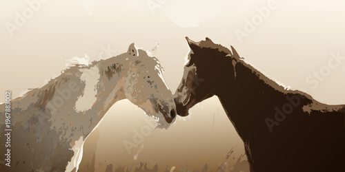 Two horses facing each other in a stylized artistic rendering