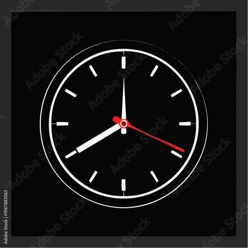 Minimalist Clock Icon Showing Current Time Flat Vector Illustration on Black Background