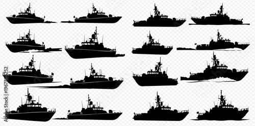 Collection of various navy ships and military boats silhouettes on a transparent background, depicting different types of naval vessels for maritime defense.