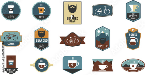 Hipster Coffee Badge and Logo Collection Featuring Vintage Cafe Emblems, Bicycle Icons, Bearded Man Symbols and Retro Typography Vector Set