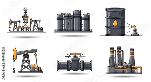 Oil and Gas Industry Icons - Extraction, Storage, and Processing.