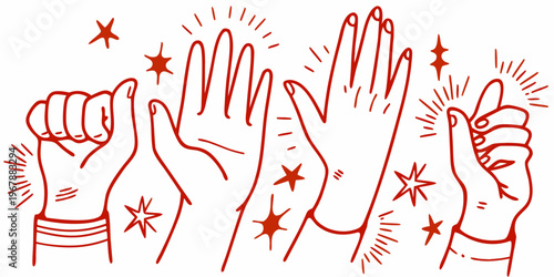 A group of hands giving a high five with sparkling star details