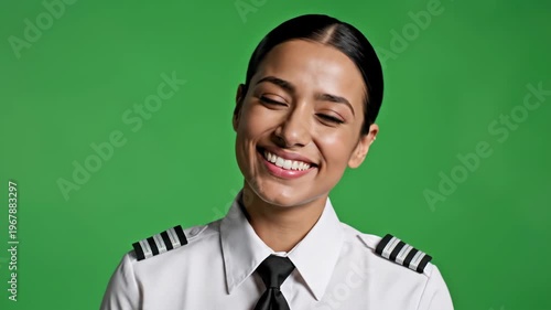 Smiling female pilot in uniform against green background