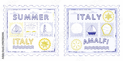 Vintage style summer and italy themed postage stamps with nautical elements