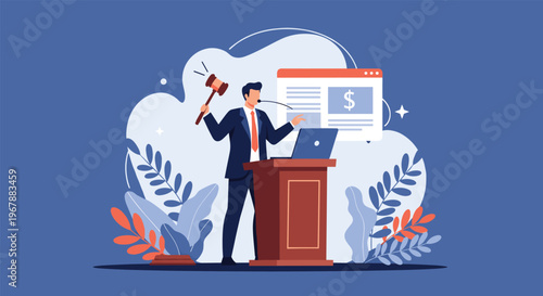 Professional auctioneer standing behind a podium with a gavel during an online auction featuring a digital currency screen.