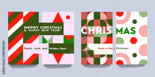 Festive christmas card designs featuring geometric shapes and holiday greetings
