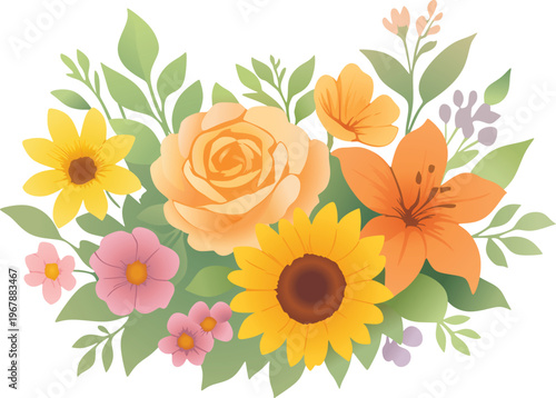 Colorful Floral Bouquet Illustration – Sunflower, Rose and Wildflowers Arrangement, Flat Vector Design