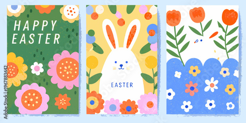 Colorful easter illustrations featuring bunnies flowers and festive greetings