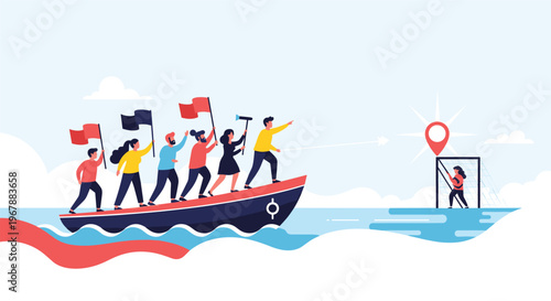 Collaborative team on a small boat sailing together towards a target flag to achieve their shared business objective.