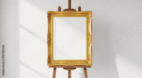 Elegant ornate gold poster frame stands vertically on a wooden easel against a soft white wall, perfect for a wedding seating chart mockup, chic, brass, golden