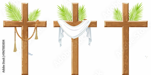 Three wooden crosses with religious symbols representing easter and passion