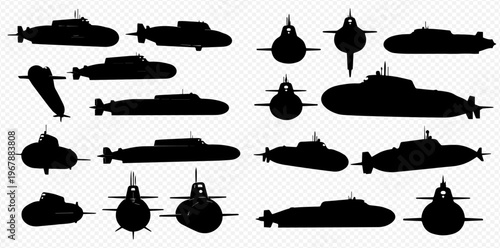 Collection of Submarine Silhouettes: Various Views and Designs of Underwater Vessels.