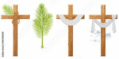 Three wooden crosses and a palm branch religious imagery illustration