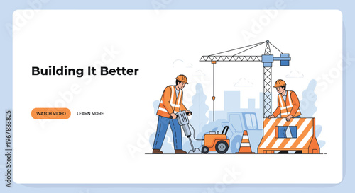 Construction workers using heavy machinery and tools like a jackhammer to improve infrastructure on a building site.