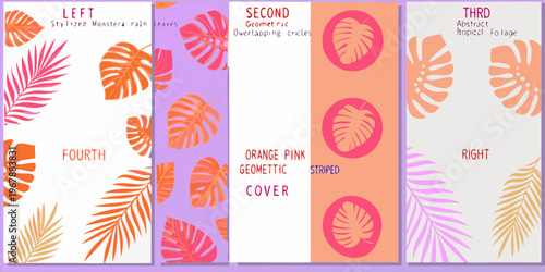 Stylized monstera leaves in geometric patterns with pink and purple hues