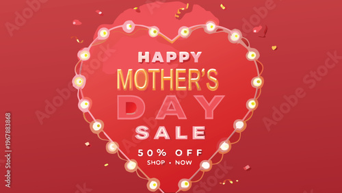 A red heart shaped promotional graphic for mother s day sale