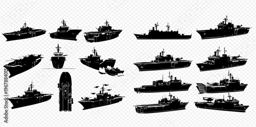 Set of various silhouettes of military warships, including aircraft carriers, destroyers, and frigates, isolated on a transparent background.