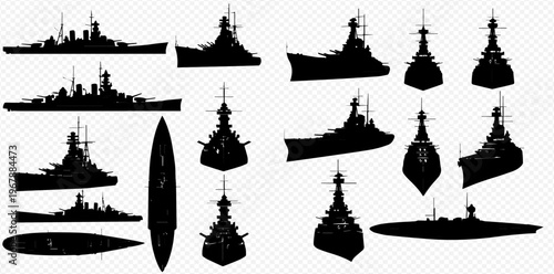Set of Battleship Silhouettes: Warships from Various Angles and Perspectives, Military Naval Vessels.